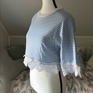 Topshop Light Blue Striped Cropped Shirt with White Lace